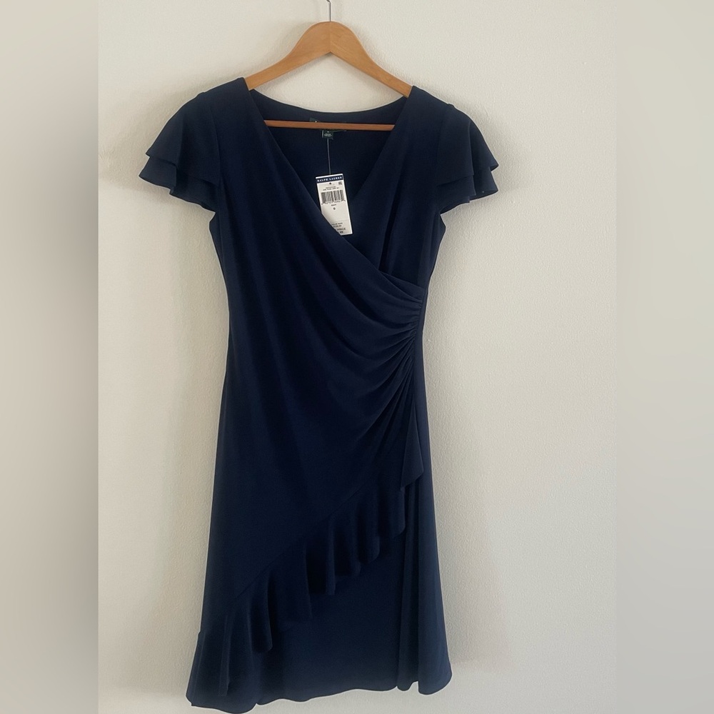 Lauren Ralph Lauren Navy Flutter Sleeve Ruched Dress | Size 0 | New With Tags